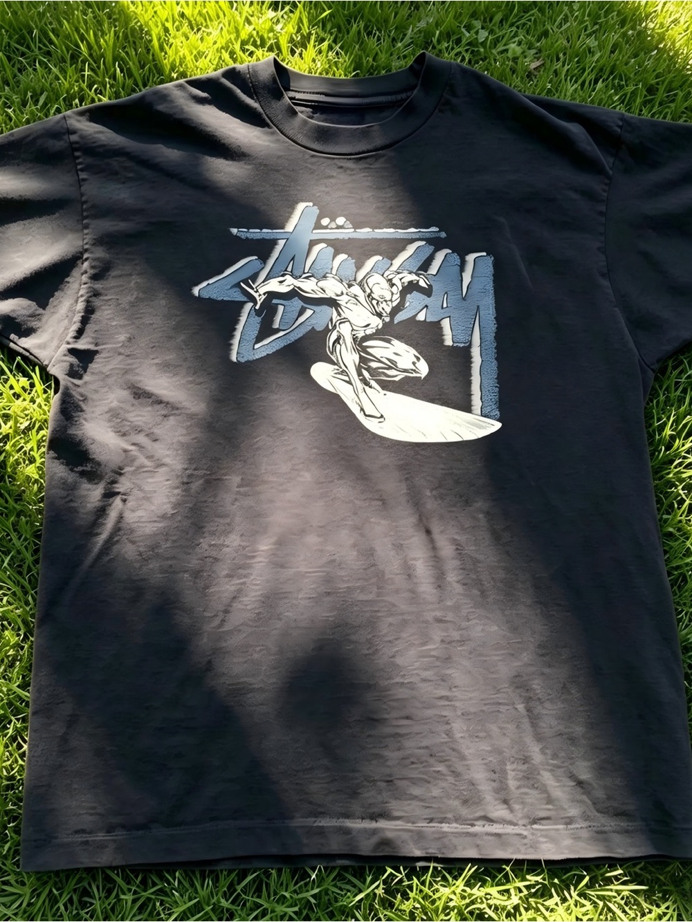 Stussy surf graphic tee with white surfer graphic black Women Men T-shirt unisex